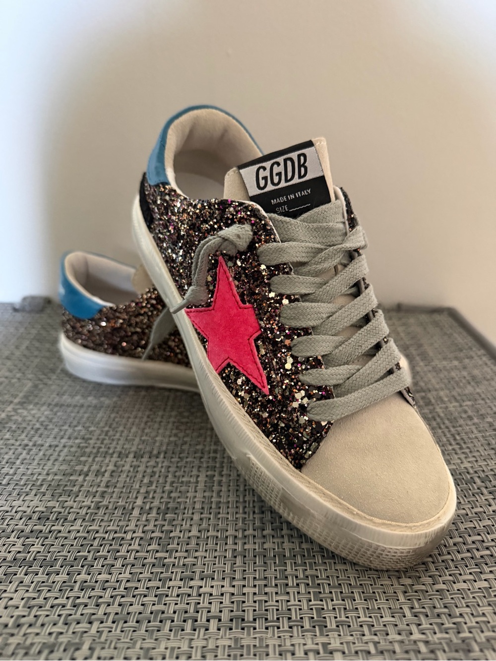 Golden Goose Multi-Glitter Sneakers with Pink Star and Blue Heel